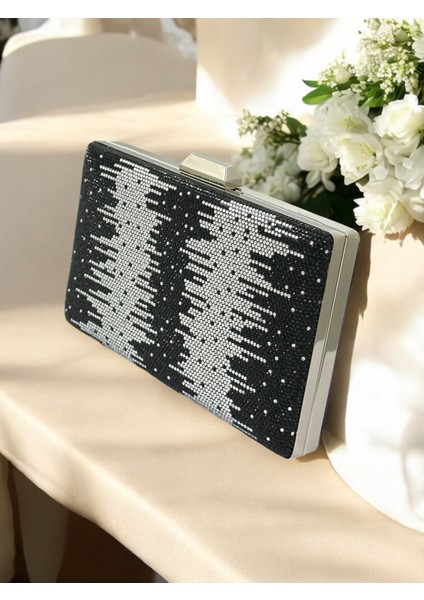 Özel Tasarım Çift Renk Siyah Gümüş Metal Saplı Kristal Taşlı Abiye Çanta Düğün Nişan Kına Mezuniyet