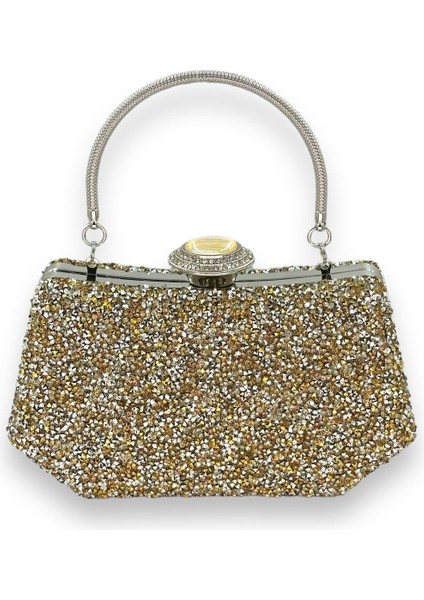 Altın Gold Dore Renk Taşlı Incili Metal Kulplu Abiye Çanta Gece Çantası Nişan Düğün Gelin Çantası