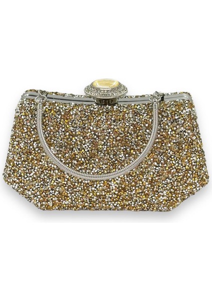 Altın Gold Dore Renk Taşlı Incili Metal Kulplu Abiye Çanta Gece Çantası Nişan Düğün Gelin Çantası