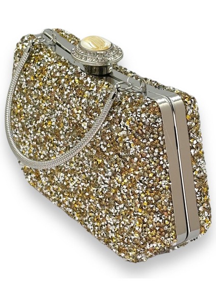 Altın Gold Dore Renk Taşlı Incili Metal Kulplu Abiye Çanta Gece Çantası Nişan Düğün Gelin Çantası