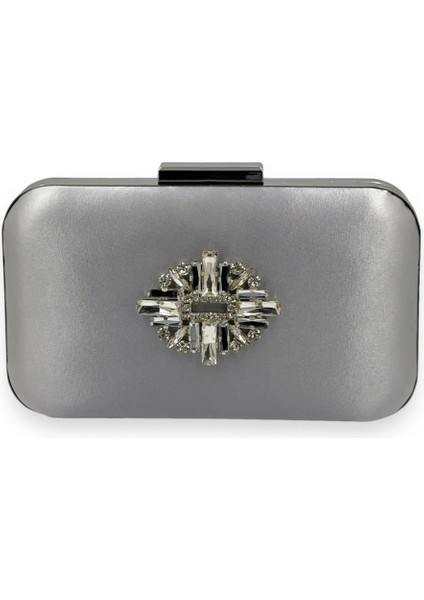 Gümüş Gri Renk Saten Gümüş Kasalı Gümüş Taşlı Abiye Çanta Gece Çantası Düğün Nişan Portföy