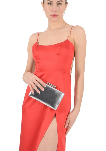 Gümüş Renk Kırışık Rugan Abiye Çanta Düğün Nişan Gece Çantası El Yapımı