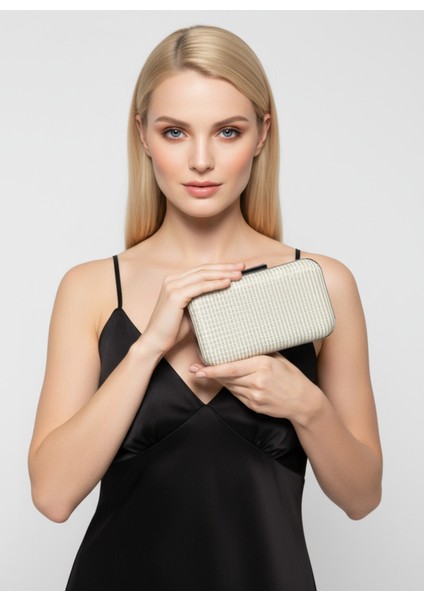 Ekru Renk Simli Tel Kırma Kadın Abiye Çanta Düğün Nişan Mezuniyet