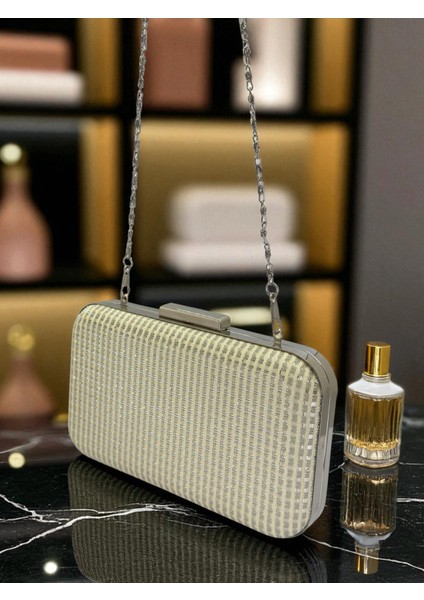 Ekru Renk Simli Tel Kırma Kadın Abiye Çanta Düğün Nişan Mezuniyet