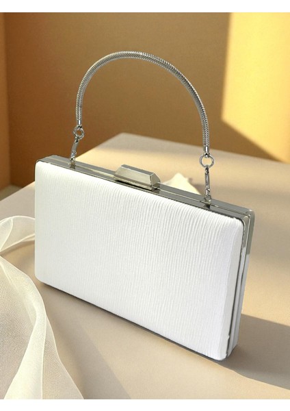 Ekru Renk Suyolu Desenli Saten Kadın Abiye Çanta Düğün Nişan Mezuniyet