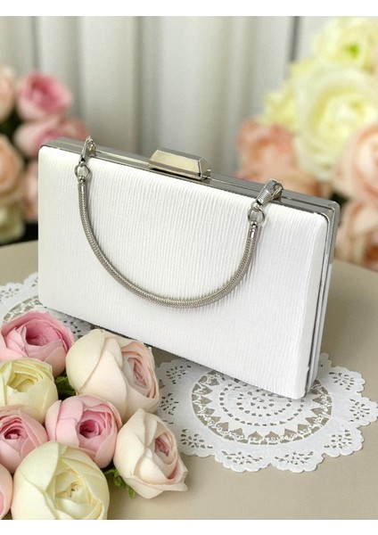 Ekru Renk Suyolu Desenli Saten Kadın Abiye Çanta Düğün Nişan Mezuniyet modelleri