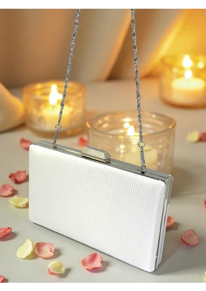 Ekru Renk Suyolu Desenli Saten Kadın Abiye Çanta Düğün Nişan Mezuniyet