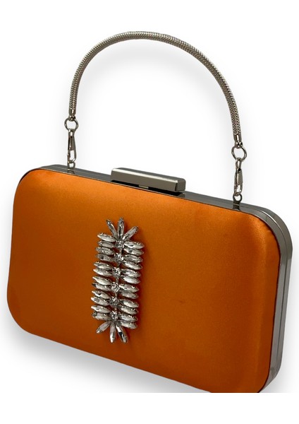 Turuncu Renk Saten Gümüş Kasalı Gümüş Taşlı Kulplu Saplı Abiye Gece Çantası Düğün Portföy fiyatları