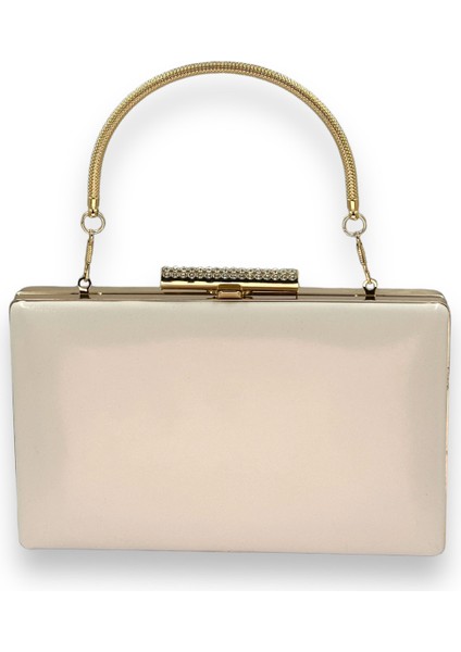 Bej Renk Cilt Deri Mat Deri Metal Saplı Abiye Çanta Gece Çantası Düğün Nişan Kına