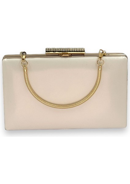 Bej Renk Cilt Deri Mat Deri Metal Saplı Abiye Çanta Gece Çantası Düğün Nişan Kına