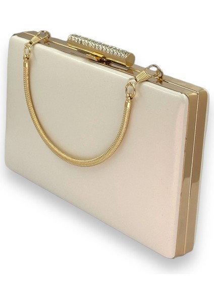 Bej Renk Cilt Deri Mat Deri Metal Saplı Abiye Çanta Gece Çantası Düğün Nişan Kına