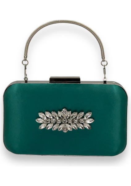 Yeşil Renk Saten Gümüş Kasalı Gümüş Taşlı Kulplu Saplı Abiye Gece Çantası Düğün Portföy