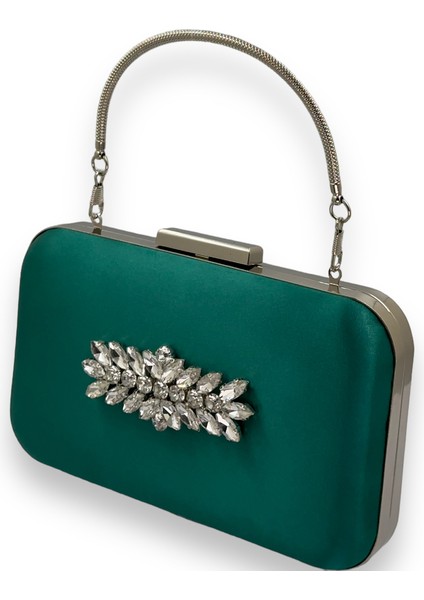 Yeşil Renk Saten Gümüş Kasalı Gümüş Taşlı Kulplu Saplı Abiye Gece Çantası Düğün Portföy fiyatları