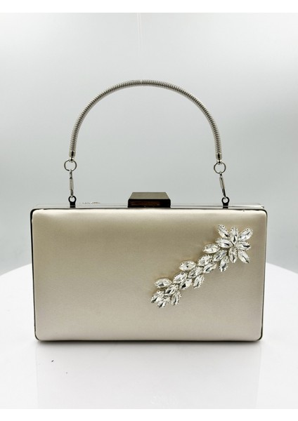 Ten Nude Renk Saten Gümüş Kasalı Gümüş Taşlı Abiye Çanta Gece Çantası Düğün Nişan Portföy