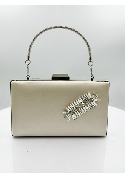 Ten Nude Renk Saten Gümüş Kasalı Gümüş Taşlı Abiye Çanta Gece Çantası Düğün Nişan Portföy