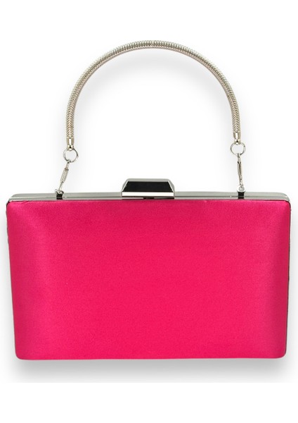 Fuşya Renk Saten Gümüş Kasalı Gümüş Taşlı Abiye Çanta Gece Çantası Düğün Nişan Portföy