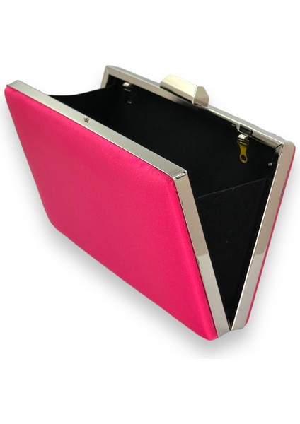 Fuşya Renk Saten Gümüş Kasalı Gümüş Taşlı Abiye Çanta Gece Çantası Düğün Nişan Portföy modelleri