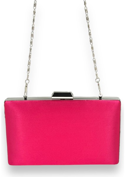 Fuşya Renk Saten Gümüş Kasalı Gümüş Taşlı Abiye Çanta Gece Çantası Düğün Nişan Portföy