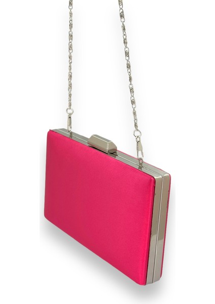 Fuşya Renk Saten Gümüş Kasalı Gümüş Taşlı Abiye Çanta Gece Çantası Düğün Nişan Portföy