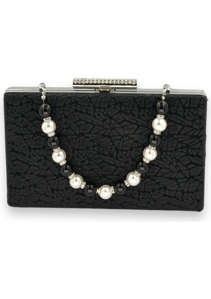 Siyah Renk Lazer Desenli Inci Saplı Incili Abiye Çanta Gece Çantası Düğün Nişan Nikah Portföy