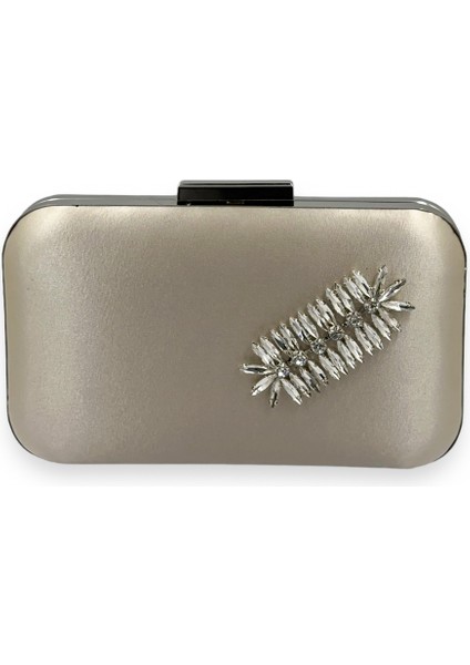 Ten Nude Renk Saten Gümüş Kasalı Gümüş Taşlı Abiye Çanta Gece Çantası Düğün Nişan Portföy