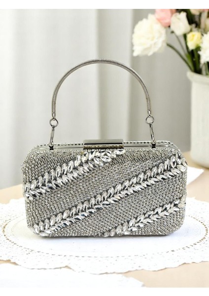 Tamamen El Yapımı Komple Kristal Taş Işlemeli Gümüş Gri Lame Renk Kadın Abiye Çanta fiyatları