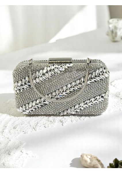 Tamamen El Yapımı Komple Kristal Taş Işlemeli Gümüş Gri Lame Renk Kadın Abiye Çanta fırsatları