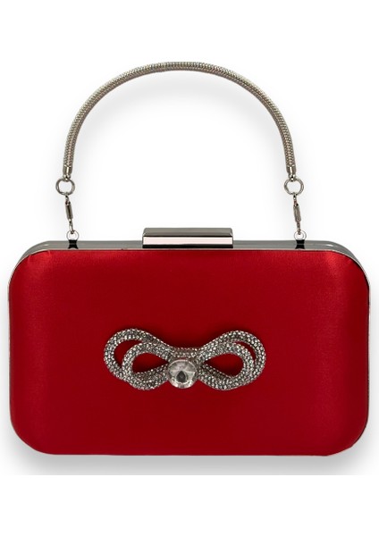 Kırmızı Renk Saten Gümüş Kasalı Saplı Kulplu Gümüş Taşlı Abiye Gece Çantası Düğün Nişan Clutch
