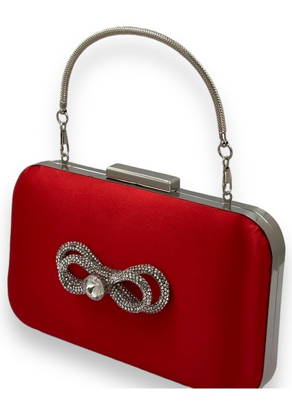 Kırmızı Renk Saten Gümüş Kasalı Saplı Kulplu Gümüş Taşlı Abiye Gece Çantası Düğün Nişan Clutch fiyatları