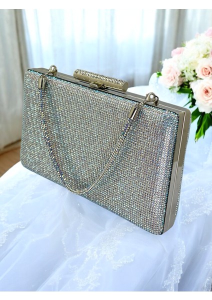 Taşlı Saplı Açık Altın Renk Tek Taraf Taşlı Kadın Abiye Çanta Düğün Nişan Mezuniyet