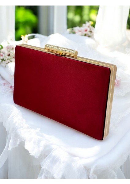 Bordo Kristal Taşlı Saten Kadın Gece Çantası Abiye Çanta Düğün Nişan Mezuniyet