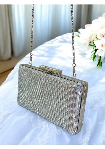 Taşlı Saplı Açık Altın Renk Tek Taraf Taşlı Kadın Abiye Çanta Düğün Nişan Mezuniyet