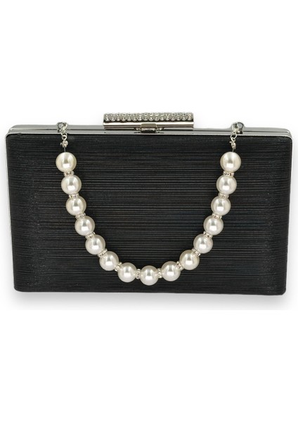 Siyah Renk Ithal Lazer Desenli Çizgili Incili Saplı Abiye Gece Çantası Nişan Düğün Davet Balo