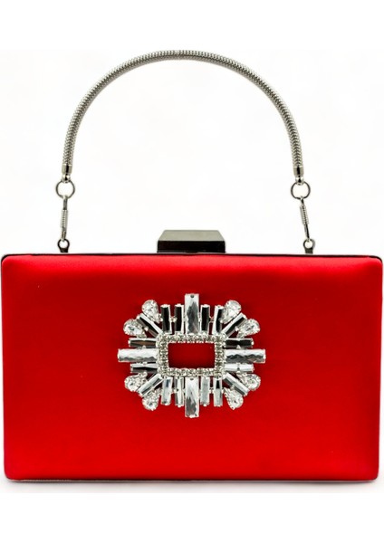 Kırmızı Renk Saten Gümüş Kasalı Gümüş Taşlı Abiye Çanta Gece Çantası Düğün Nişan Portföy