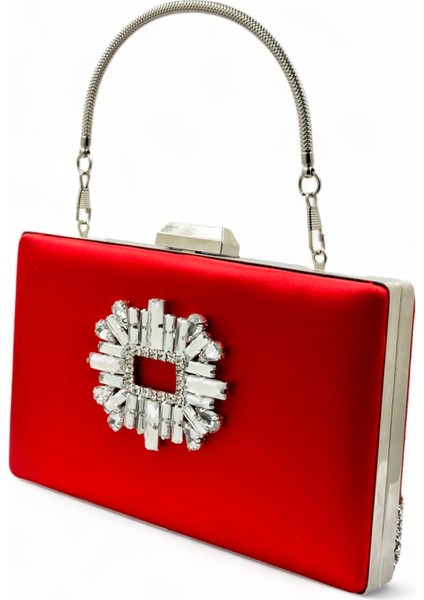 Kırmızı Renk Saten Gümüş Kasalı Gümüş Taşlı Abiye Çanta Gece Çantası Düğün Nişan Portföy fiyatları