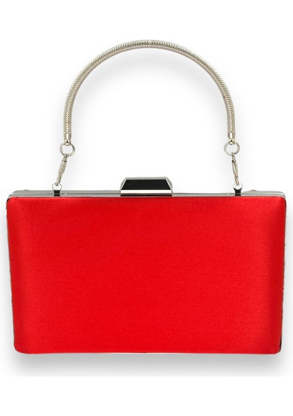 Kırmızı Renk Saten Gümüş Kasalı Gümüş Taşlı Abiye Çanta Gece Çantası Düğün Nişan Portföy