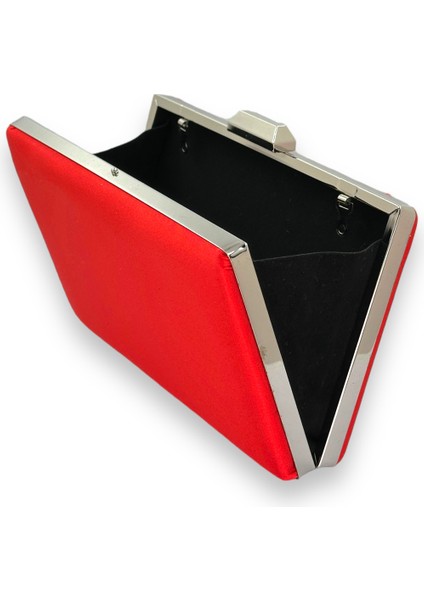 Kırmızı Renk Saten Gümüş Kasalı Gümüş Taşlı Abiye Çanta Gece Çantası Düğün Nişan Portföy modelleri