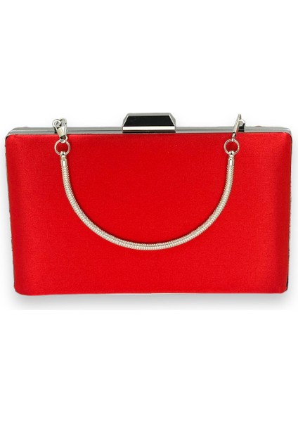 Kırmızı Renk Saten Gümüş Kasalı Gümüş Taşlı Abiye Çanta Gece Çantası Düğün Nişan Portföy fırsatları