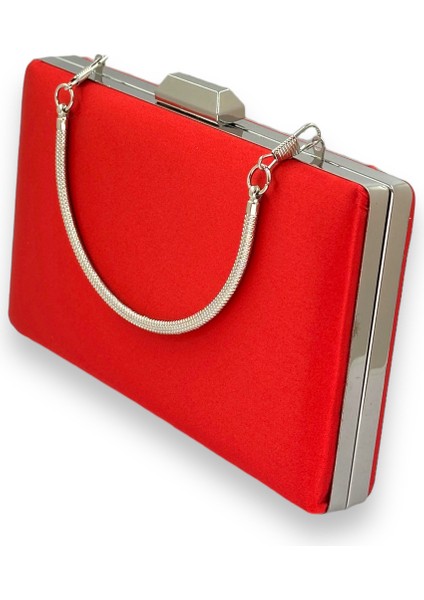 Kırmızı Renk Saten Gümüş Kasalı Gümüş Taşlı Abiye Çanta Gece Çantası Düğün Nişan Portföy indirimleri