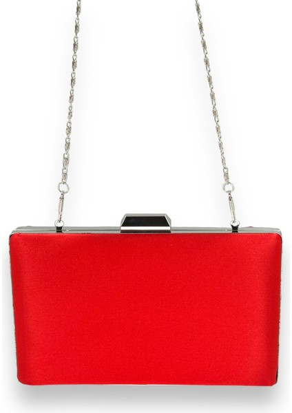 Kırmızı Renk Saten Gümüş Kasalı Gümüş Taşlı Abiye Çanta Gece Çantası Düğün Nişan Portföy