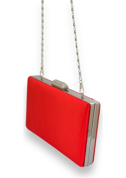 Kırmızı Renk Saten Gümüş Kasalı Gümüş Taşlı Abiye Çanta Gece Çantası Düğün Nişan Portföy