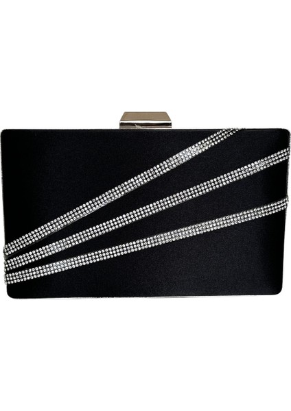 Siyah Renk Saten Gümüş Kasalı Gümüş Taşlı Abiye Çanta Gece Çantası Düğün Nişan Portföy