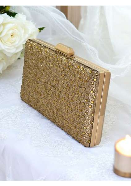 Altın Gold Dore Renk Kristal Taşlı Abiye Çanta Düğün Nişan Kına Mezuniyet