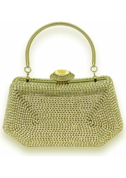 Altın Gold Dore Taşlı Inci Detaylı Metal Saplı Abiye Çanta Gece Çantası Düğün Nişan