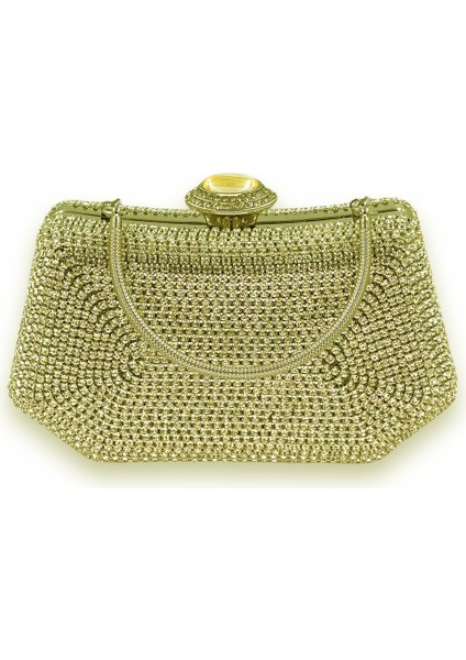 Altın Gold Dore Taşlı Inci Detaylı Metal Saplı Abiye Çanta Gece Çantası Düğün Nişan