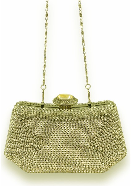 Altın Gold Dore Taşlı Inci Detaylı Metal Saplı Abiye Çanta Gece Çantası Düğün Nişan