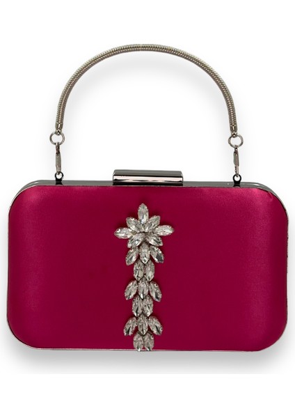 Fuşya Renk Saten Gümüş Kasalı Gümüş Taşlı Kulplu Saplı Abiye Gece Çantası Düğün Portföy