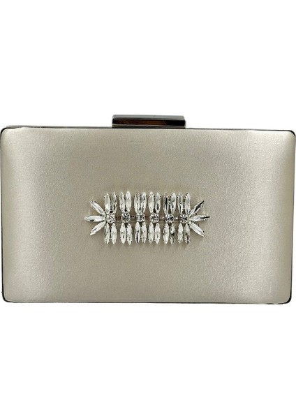 Ten Nude Renk Saten Gümüş Kasalı Gümüş Taşlı Abiye Çanta Gece Çantası Düğün Nişan Portföy