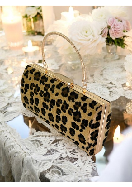Tüylü Ithal Leopar Desenli Abiye Çanta Gece Çantası Düğün Nişan Mezuniyet
