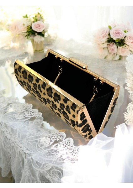 Tüylü Ithal Leopar Desenli Abiye Çanta Gece Çantası Düğün Nişan Mezuniyet indirimleri